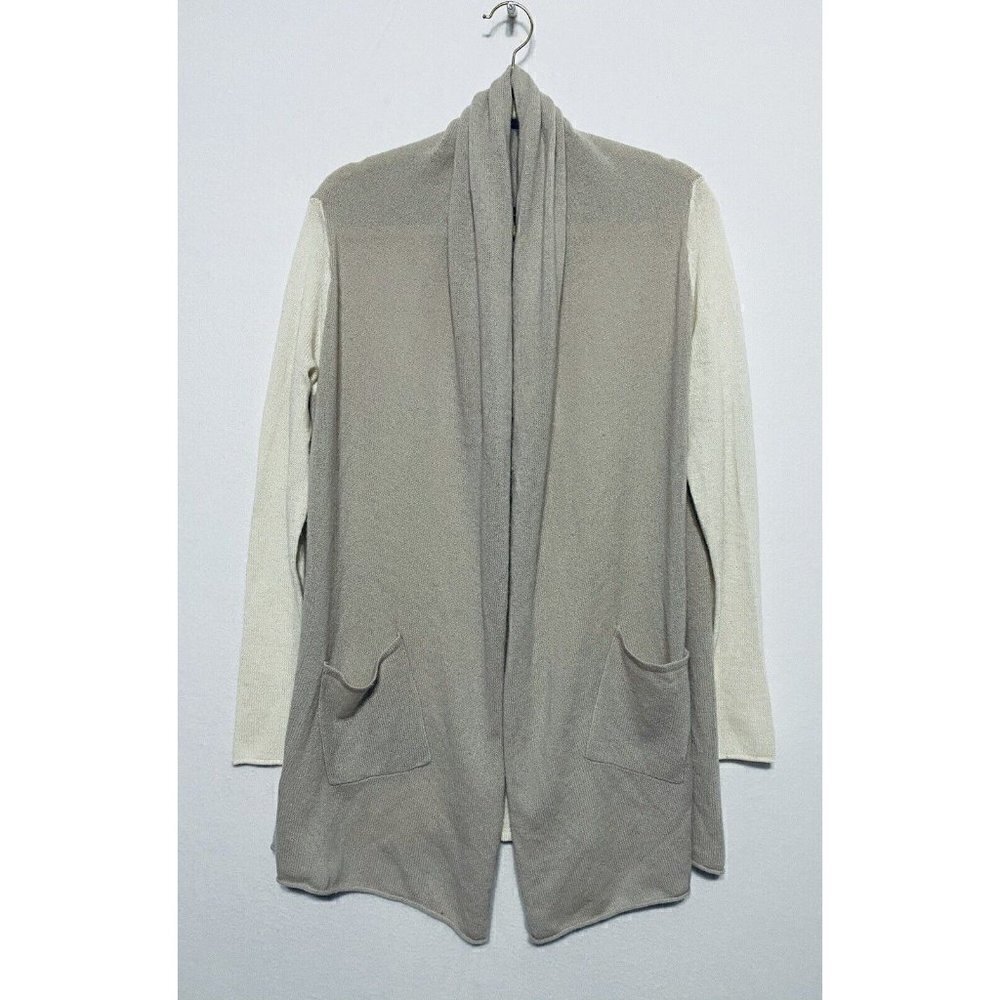 Cullen Womens Medium Taupe Ivory Colorblock Open Front Cardigan 100% Cashmere